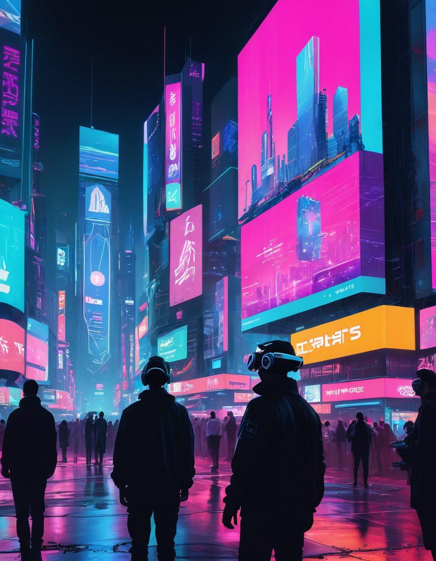 A futuristic cityscape with holographic billboards showcasing various media content, people wearing VR headsets immersed in virtual worlds, and a sleek, modern interface of Mino's streaming platform prominently displayed on giant screens. Neon colors and cybernetic elements highlighting the advanced technology. cyberpunk. vibrant colors.