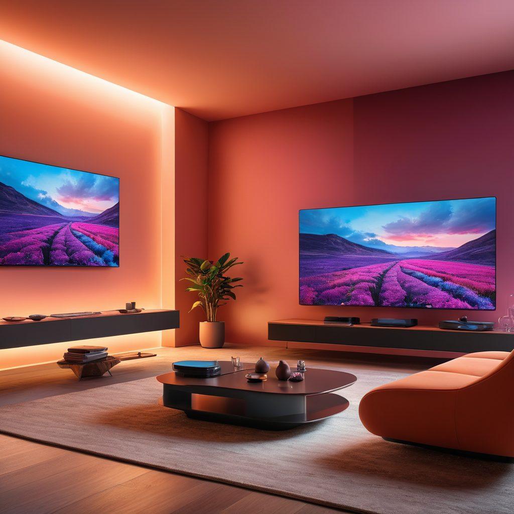A futuristic living room with a sleek, ultra-thin TV displaying vibrant, immersive content from Mino's innovative interface. The TV screen showcases a variety of interactive apps, and the room features smart home devices. Family members are comfortably seated, enjoying the seamless experience. Super-realistic. Vibrant colors. High-tech aesthetic. Cozy lighting.